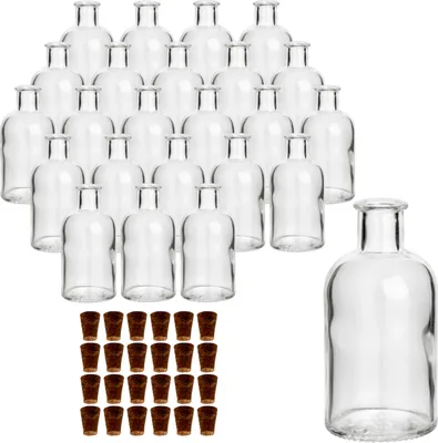 Produktbild von gouveo 24er Set Glasflaschen 100 ml Apotheker rund mit Korken (SK) - Kleine 0,1 l Flasche aus Glas für Likör, Öl, Essig, Deko