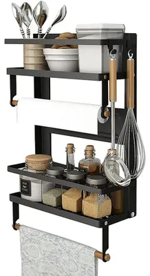 Image de Étagère magnétique pour épices - Étagère de réfrigérateur à 4 niveaux - Organisateur magnétique pour réfrigérateur - 2 supports pour essuie-tout - 5 crochets amovibles - Noir