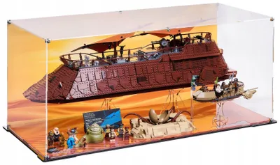 Produktbild von Blacked Brick Vitrine mit bedruckter Rückwand für LEGO® 75397, 75396 Star Wars – Jabbas Segelbarke & Wüstenskiff mit Sarlacc-Grube