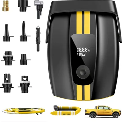 Obrázek produktu pro Elektrická pumpa WaveRite pro paddleboardy, 50 PSI, vzduchová pumpa pro nafukovací prkna (ISUP) s automatickým zastavením, 9 režimů, 12V vysokotlaká pumpa pro paddleboardy, kajaky, kola, motocykly, žlutá barva