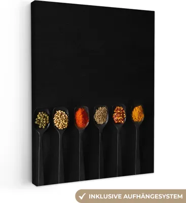 Produktbild von MuchoWow® - Leinwandbilder - Löffel - Gewürze - Schwarz - Gewürze - Rustikal, Wandbild, Wanddeko Bilder Wohnzimmer, 60x80 cm