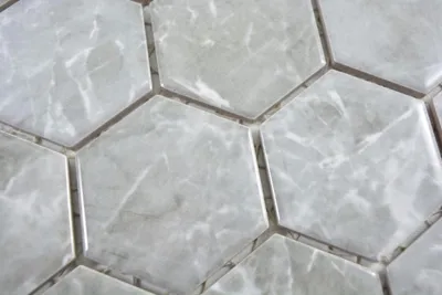 Produktbild von Handmuster Keramik Mosaik Hexagon Marmor grau glänzend Mosaikfliese Wand Fliesenspiegel Küche Bad MOS11H-0201_m