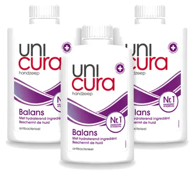 Imagen del producto de 3 unidades de recambio de jabón líquido Unicura Balans, 250 ml cada uno. Paquete económico