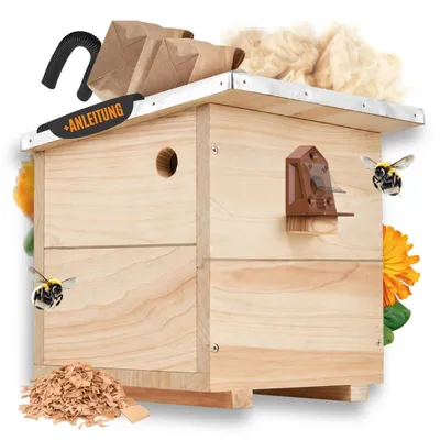 Produktbild von BEESI Hummelhaus groß inkl. Vorbau und Wachsmottenspere & Nistmaterial I Kapok, Nistkarton, Holzspäne I Hummelhaus mit Zubehör