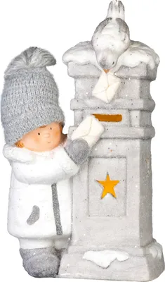 Image de Décoration MagicHome Noël, petit garçon avec boîte aux lettres, LED, 14.5x22.5x39 cm