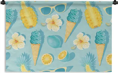 Produktbild von MuchoWow® Wandteppich Wandbehang Sommer - Obst - Blumen - Blau 90x60 cm Tapisserie Dekoration Wandtuch - Wandskulpturen - Bildteppich