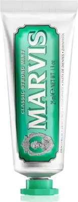 A tube of Marvis Classic Strong Mint toothpaste.