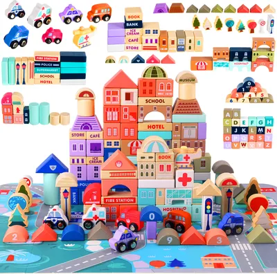 Produktbild von Kruzzel 23519 Drewniane kostki z podkładką Merry City 115 szt