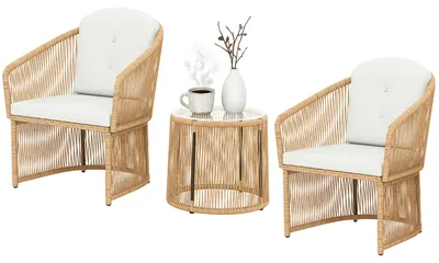 Produktbild von Outsunny Bistro-Set, Rattan-Gartenmöbel-Set mit Kissen, Cremeweiß