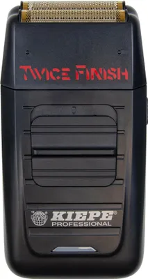A black electric shaver with red text and a silver logo.