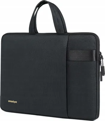 A black laptop bag with handles and a zippered compartment is shown against a white background.