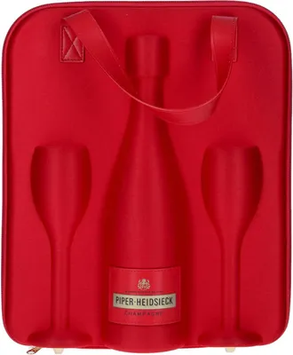 A red gift set containing a bottle of champagne and two glasses, presented in a red travel case.