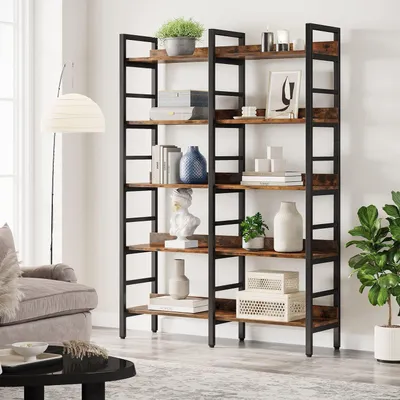 Productafbeelding van Boekenkast met 5 planken, industriële stijl, stalen frame, 120 x 30 x 180 cm, vintagebruin/zwart