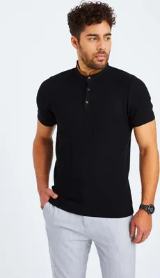 Produktbild von Leif Nelson Stehkragen Herren T-Shirt Feinstrick Stehkragen LN-7705, Schwarz / XXL
