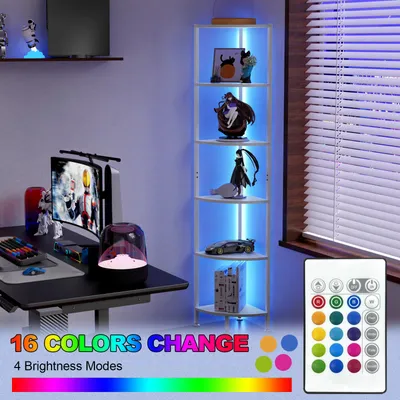 Image de Étagère de rangement avec éclairage, étagère d'angle avec 6 niveaux, support d'angle, télécommande, 172 cm, blanche