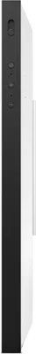 A black and white smart display with buttons on the side, shown in a studio setting.