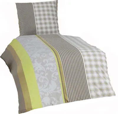 Produktbild von Fleece Winter Bettwäsche, 155x220 + 80x80 cm Übergröße, grau beige neongrün, Microfaser