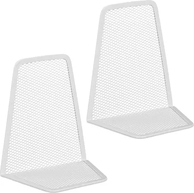 Image de Serre-livres Relaxdays, lot de 2, design moderne en maille, pour livres et classeurs, dimensions (H x l x P) : 14 x 12 x 9 cm, métal, blanc