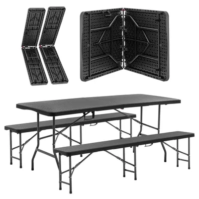Produktbild von 6ft Klappbarer Picknicktisch mit 2 Bänken, 3-teiliges Camping Set, HDPE Tischplatte mit Baummuster, Sicherheitsverriegelung, UV- & wasserbeständig