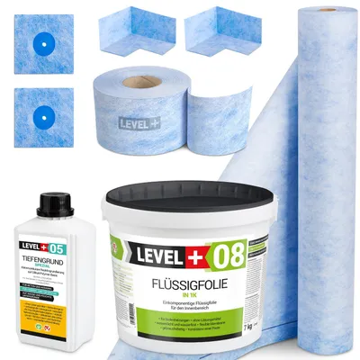 Zdjęcie produktu dla Zestaw do Hydroizolacji Folia w płynie 7kg Taśma uszczelniająca 5mb Grunt 1L Mata 1mb Level+ SET58