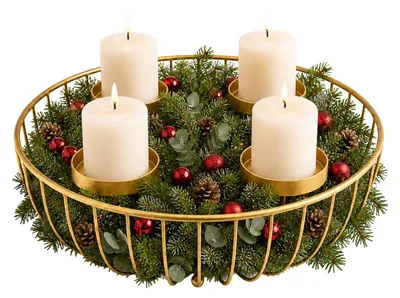 Productafbeelding van Relaxdays Adventskrans, 4 stompkaarsen, metaal, afmetingen: 10 x 33 cm, moderne adventsdecoratie, kerstkrans, goud, AI-gegenereerde afbeelding