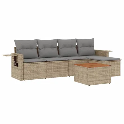 Produktbild von Modulares Garten-Loungeset, 6-teilig, mit Stauraum, Poly Rattan Beige, Kissen Hellgrau, Akazienholz-Tischplatte, UV-beständig