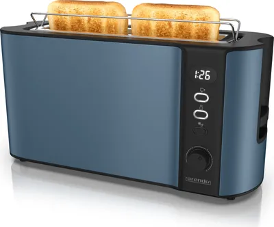 A blue Arendo toaster with two slices of toast inside, shown from a slightly angled front view on a white background.