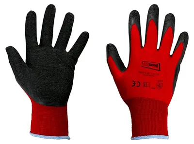 Produktbild von 12 Paar Latex-beschichtete Handschuhe in rot/schwarz