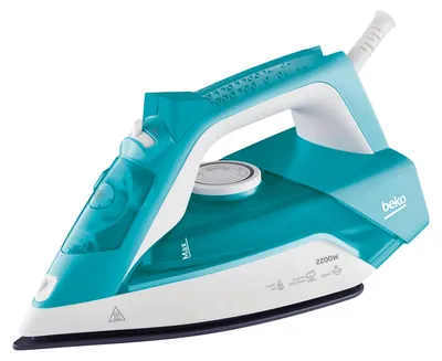 A studio shot of a teal and white steam iron against a white background.