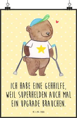 Produktbild von Mr. & Mrs. Panda Bild Bär Gehhilfen DIN A4 - Gelb Pastell - Geschenk, Krücken, Wanddeko, Posterdruck, drucke, Gehhilfe, Wandbild