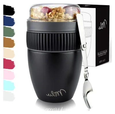 Produktbild von Müslibecher to go 400ml MüsliMax I isolierter Edelstahl Joghurtbecher für Müsli I auslaufsicherer Becher mit Löffel für Yoghurt/Porridge (Schwarz)