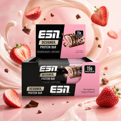 Produktbild von ESN Designer Protein Bar- 12x 45g Strawberry Yoghurt, KI-generiertes Bild