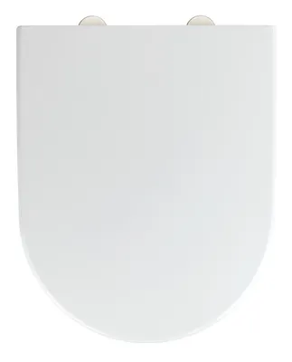 A top-down view of a white toilet seat.