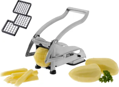 Produktbild von Westmark Pommes-frites Schneider und Gemüse-/Obststiftler mit drei Messereinsätzen und Stempel, Rostfreie Edelstahl-Schneideinsätze, Pomfri-Perfect, Silber, 11812260