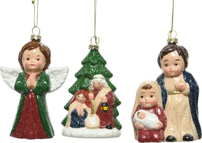 Produktbild von Weihnachtsbaumanhänger 13 cm, bruchsicherer Kunststoff, 3er-Set Heilige Familie mit Glitzer