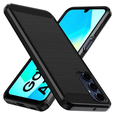 A black phone case is shown in a diagonal position, with a smartphone screen visible underneath.