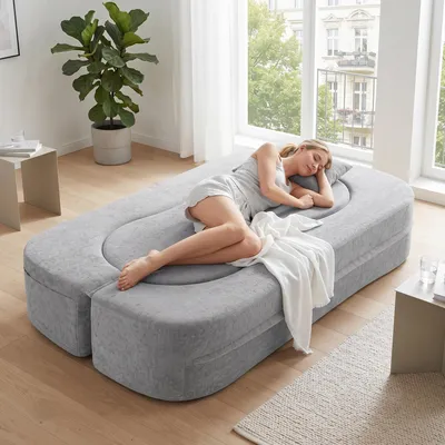 Produktbild von 2-in-1 Bouclé Schlafsofa, modulares Bodensofa mit Kissen für Wohnzimmer