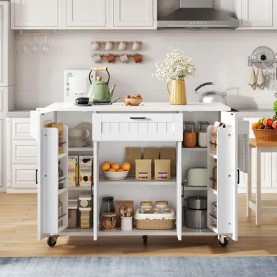 Produktbild von Weiße Kücheninsel 120cm als ausziehbarer Servierwagen und mobiler Sideboardschrank mit Stauraum, klappbarer Arbeitsplatte in Naturholzoptik (Weiß)