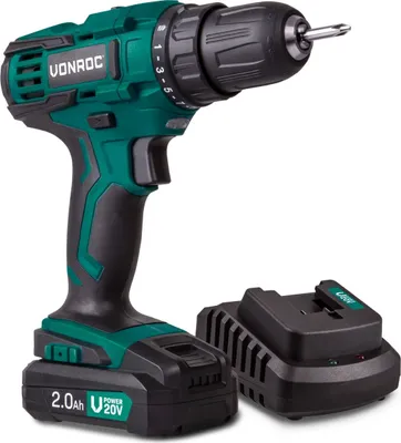 A cordless drill and its charger are shown against a white background.