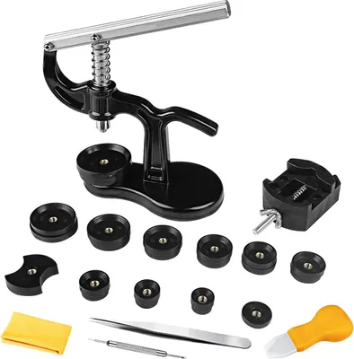 Produktbild von 18 Teilig Uhrenpresse Gehäuseschließer, Uhrendeckelpresse Reparatur Werkzeug mit 12 Druckplatten Kunststoffeinsätze, Uhr Presse, Uhr Einpresswerkzeug Set, Uhrenwerkzeug für Batteriewechsel