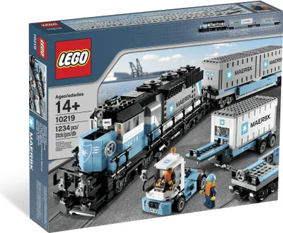 Produktbild von LEGO Maersk Modellzug 10219, 92 cm lang, mit 2 Wagons, 3 Containern und 3 Minifiguren