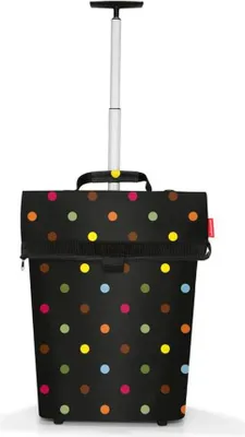 A black shopping trolley with colorful polka dots and a retractable handle.