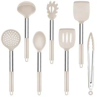 Produktbild von Küchenhelfer Set Silikon Küchenutensilien - 7-teilig - Edelstahlgriff - Khaki - Für Kochen und Backen