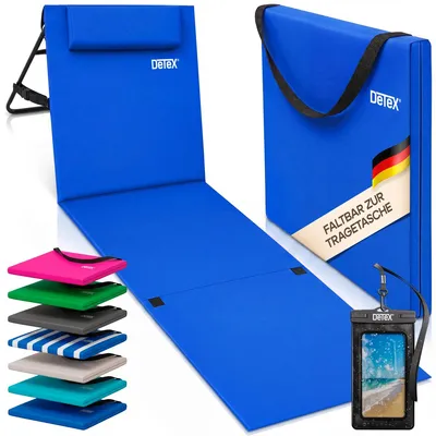 Produktbild von DETEX® Strandliege Gepolstert mit Rückenlehne Kissen Tragegurt Handyhülle Tasche Sonnenliege Klappbar Leicht Strandmatte Faltbar Strand Liege Blau