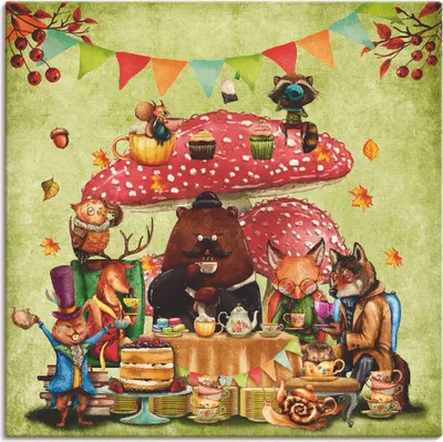 Produktbild von ARTland Leinwandbild Wald Freunde Fliegenpilz Teetrinken Größe: 100x100 cm