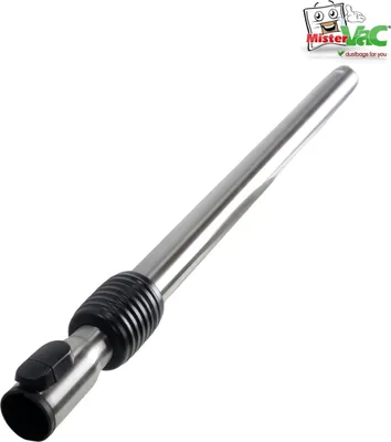 A close-up of a silver vacuum cleaner extension wand with a black ribbed grip and a black button/clip.