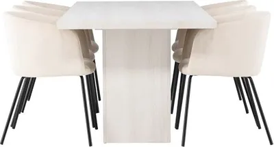Produktbild von Olga Essgruppe Tisch weiß und 6 berit Stühle beige.