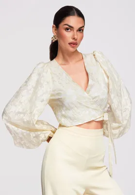 Produktbild von LARICA Wickelbluse Kurzarm Chiffon Bluse mit Blumenmuster OW-TS-E0035 beige S