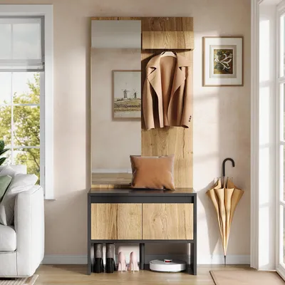 Produktbild von Flieks Garderoben-Set mit Kleiderständer, Kleiderhaken, Spiegel, Schuhbank und 2 Schubladen, Wandgarderobe, Garderobenset, Schwarz+Naturfarbe