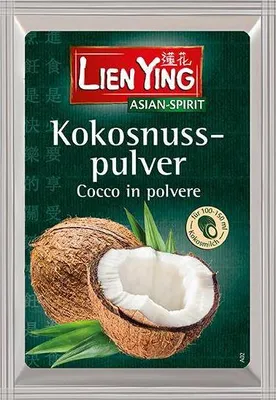 A package of coconut powder with an image of coconuts.
